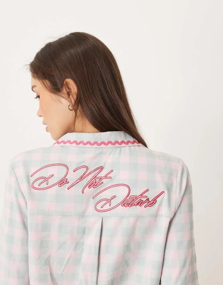 Chelsea Peers Chelsea Peers long pyjama set with embroidery and frill detail in pink and blue check print 3