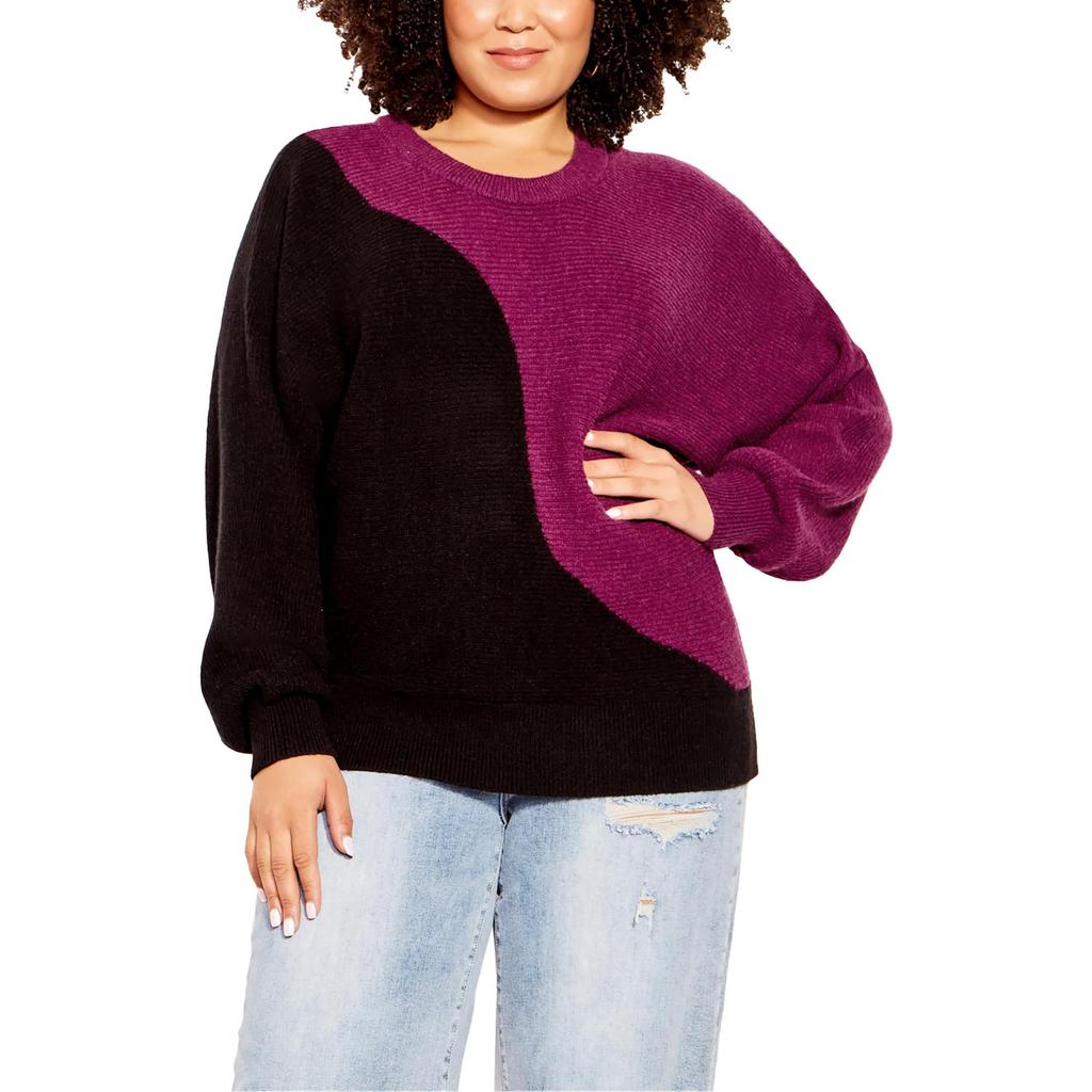 City Chic Plus Womens Knit Colorblock Crewneck Sweater