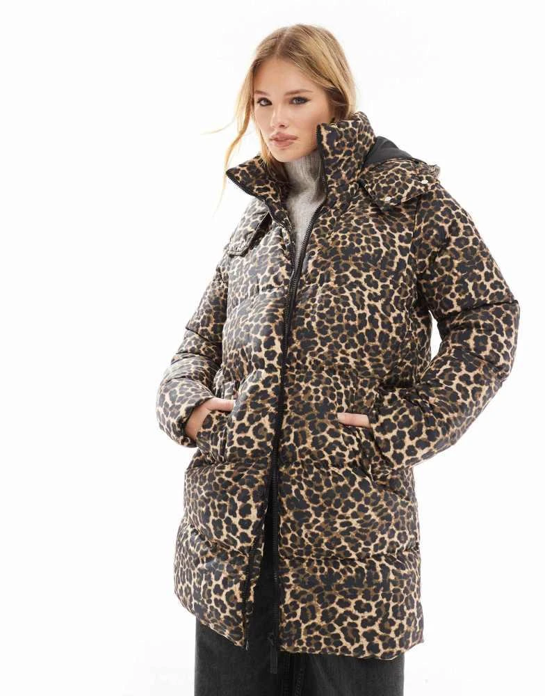 Threadbare Threadbare mid length puffer coat in leopard print 1