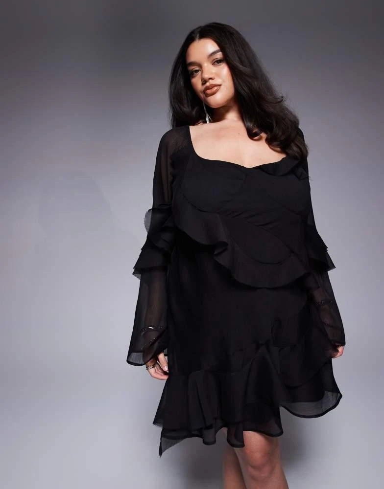 ASOS ASOS DESIGN curve flute sleeve ruffle mini dress in black 2