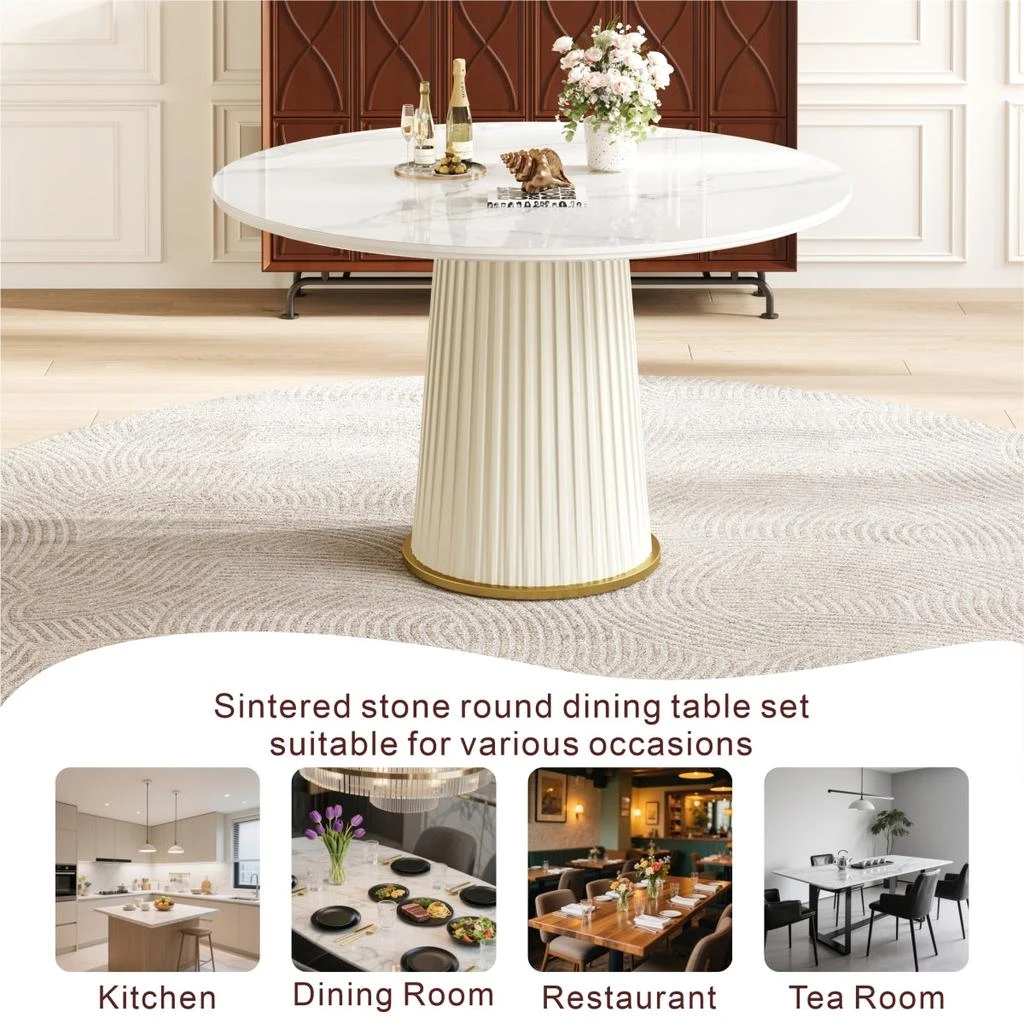 Streamdale Furniture Streamdale Modern 43.3" Round Dining Table, Glossy Sintered Stone Top, PU Leather Pedestal 2