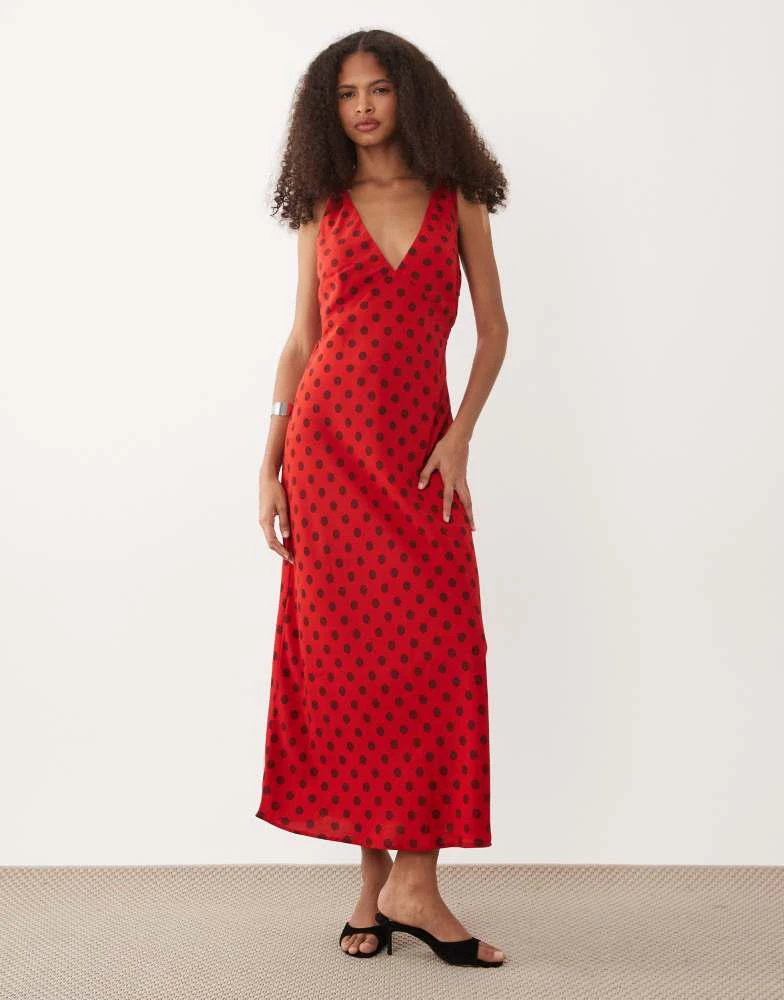 Women's Bra-Free V-Neck Slip Midi Dress in Vivid Red Dot | Size S | Abercrombie & Fitch