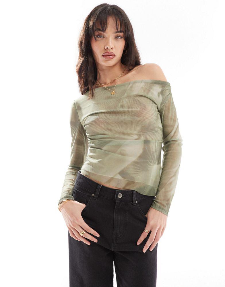 Pull&Bear Pull&Bear one shoulder mesh long sleeved top in green print