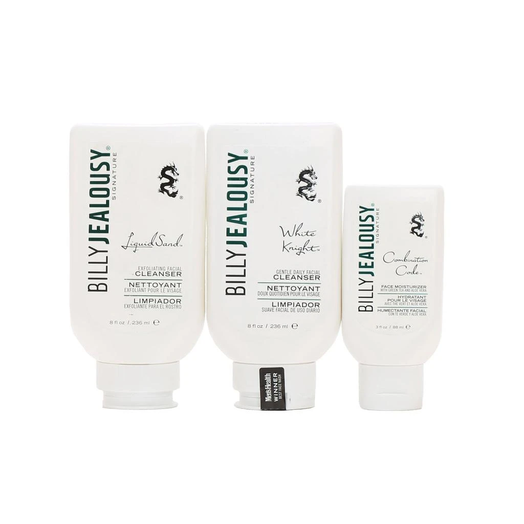 Billy Jealousy Full Size Liquid Sand Exfoliator, White Knight Cleanser, Combination Code Moisturizer TRIO
