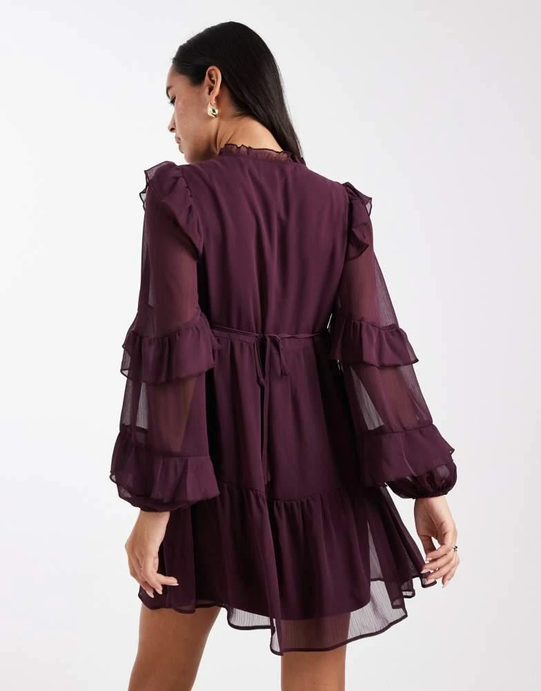 New Look New Look ruffle chiffon long sleeve mini dress in burgundy 3