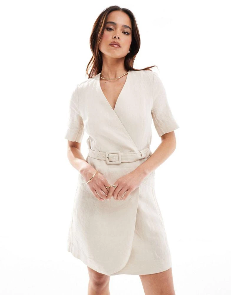 & Other Stories & Other Stories linen wrap mini dress with belt in light beige 3