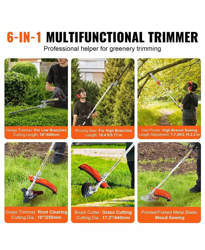 Mecale 52CC 6-in-1 Gas Trimming Tool Set, Hedge Trimmer, String Trimmer, Brush Cutter, Edger, Pole Saw, Chainsaw Pruner, Extension Pole 8
