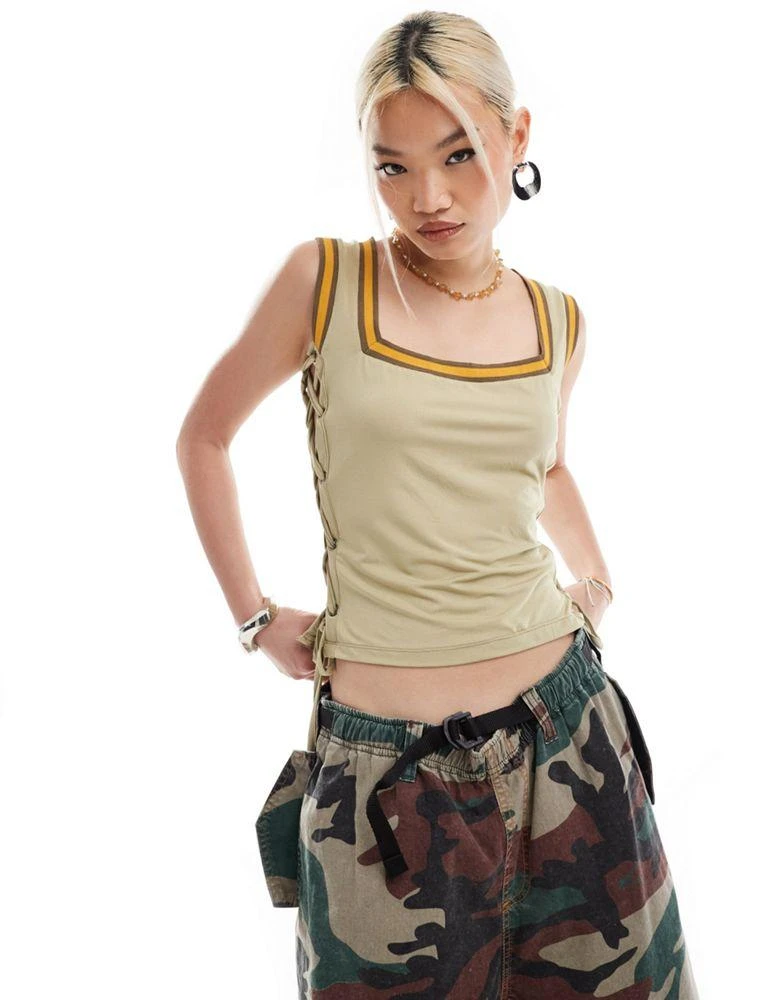 COLLUSION COLLUSION eyelet corset top with binding in khaki 1