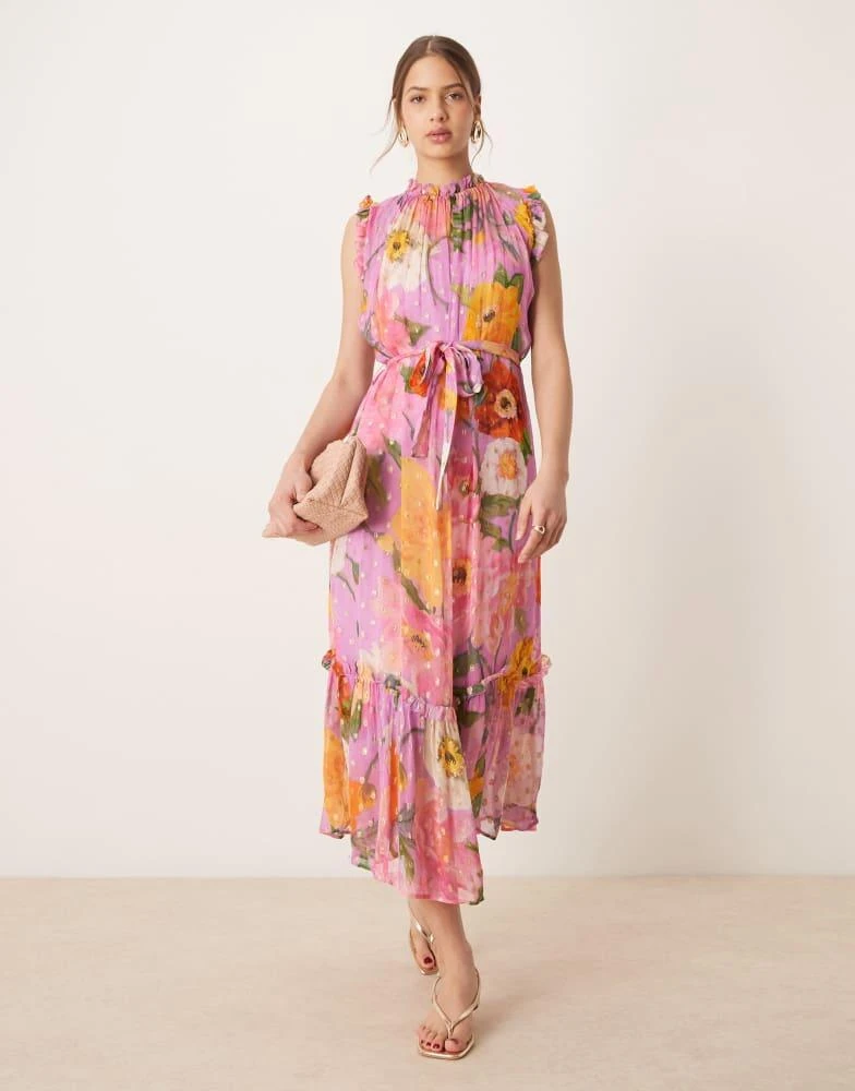 Hope & Ivy high neck ruffle midi dress with tie waist in pink print  On  Sale Now with Up to 26% Off | Discover Exclusive Deals & Savings at  BeyondStyle