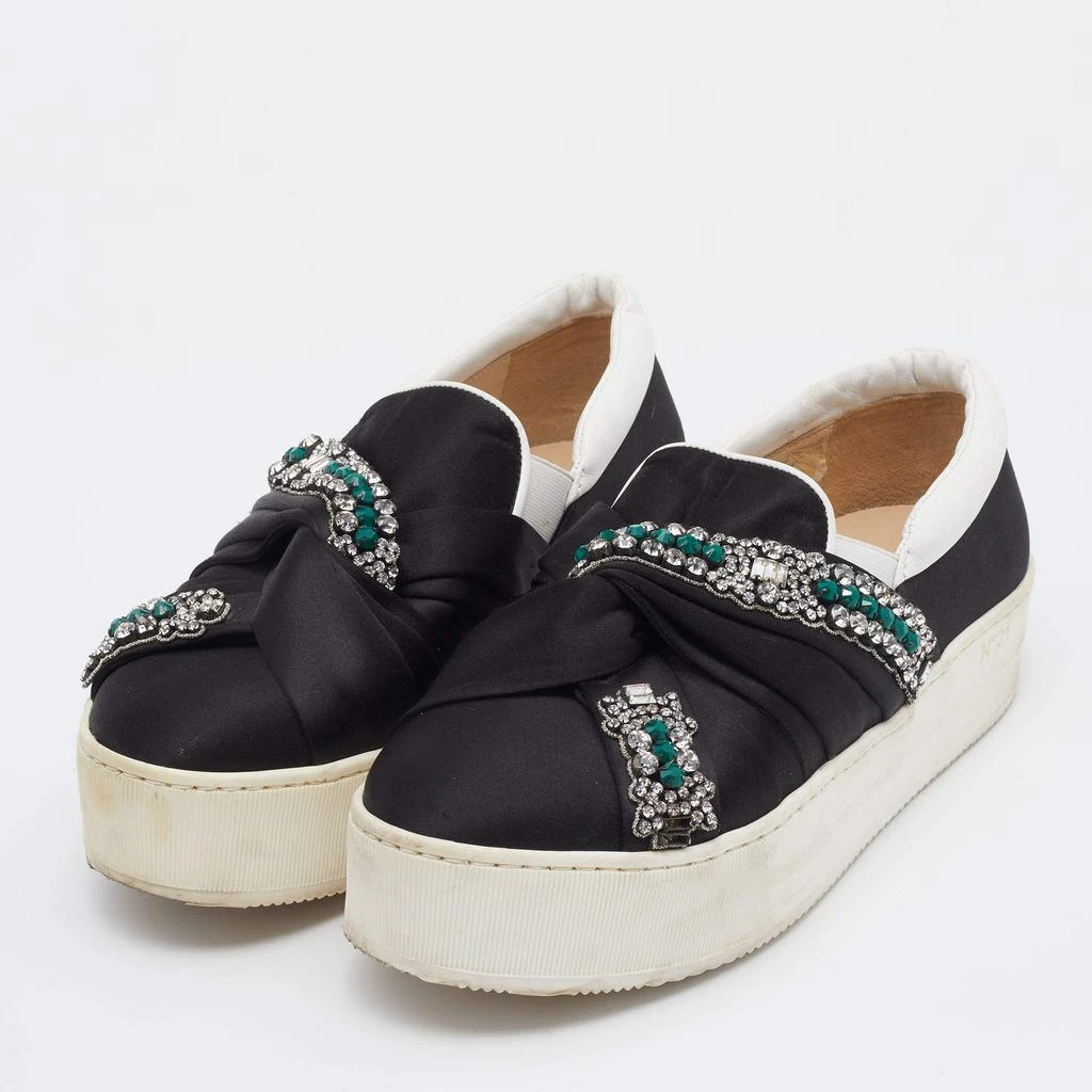 N°21 N21 Black/White Satin And Leather Crystal Embellished Platform Slip On Sneakers Size 37 2
