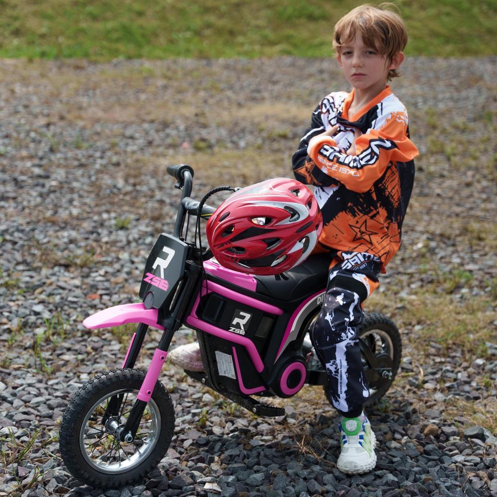 BreeBe Aosom Electric Dirt Bike with Twist Grip Throttle, 24V 350W Off-Road Electric Motorcycle, Up to 15 MPH with Brake, Music Horn, Rear Suspension for Ages 13+ Years, Pink