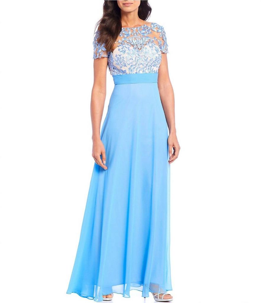JS Collections Js Collections - Embroidered Floral Illusion Mesh Chiffon Gown