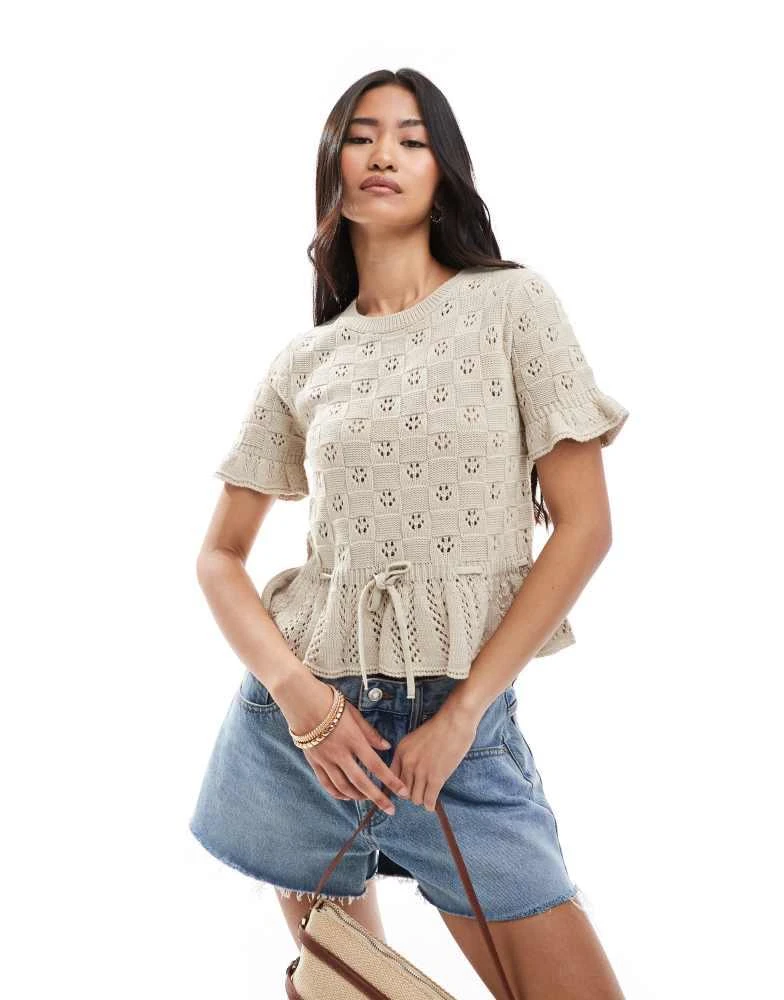 Miss Selfridge Miss Selfridge knitted tie waist peplum short sleeve cardigan in cream 1