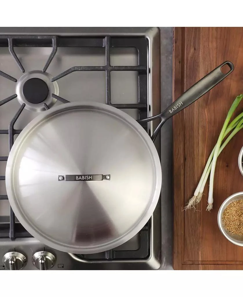 Babish 12-Inch Tri-Ply Stainless Steel Frying Pan with Lid 
Black Handle – Professional Grade Skillet for Searing, Sauteing 
Even Heat Cooking 9