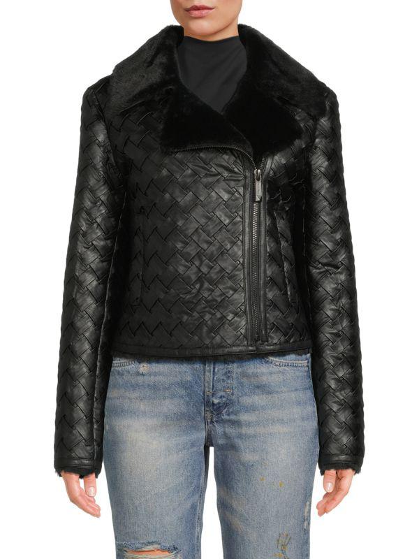 BELLE FARE Faux Shearling & Woven Faux Leather Moto Jacket