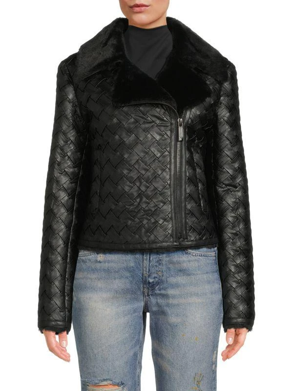 BELLE FARE Faux Shearling & Woven Faux Leather Moto Jacket 1