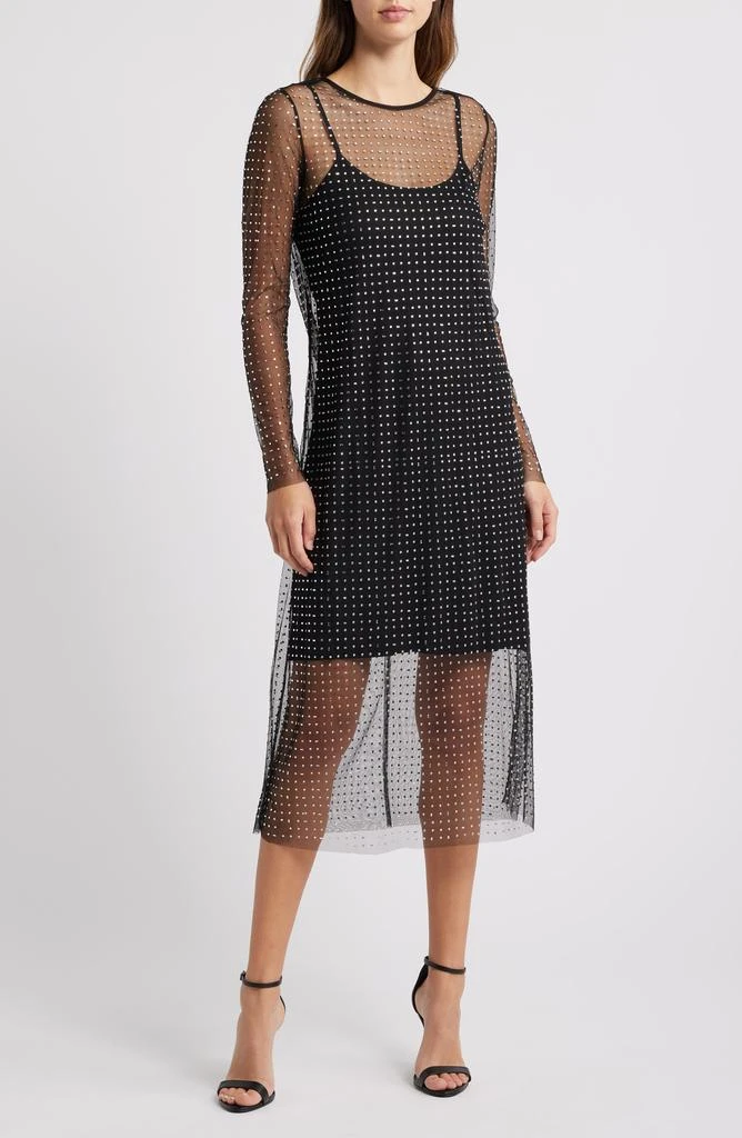 Halogen Crystal Detail Long Sleeve Mesh Overlay Midi Dress 1