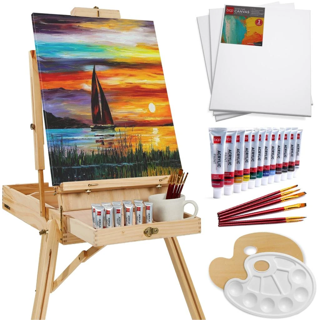 Best Choice Products French Easel, 32pc Beginners Kit Portable Wooden Adjustable Tripod  w/ Paint Supplies 1