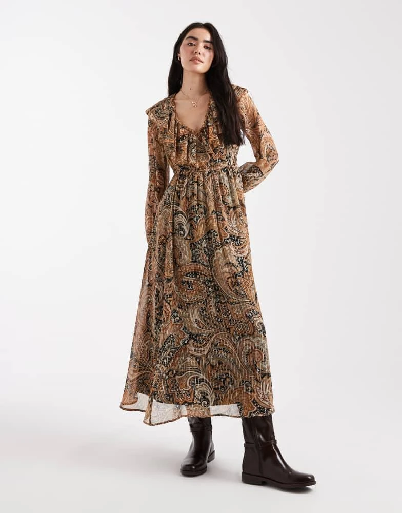 New Look paisley chiffon long sleeve midi dress in brown  On Sale Now with  Up to 40% Off | Discover Exclusive Deals & Savings at BeyondStyle   Authentic New Look Home|women