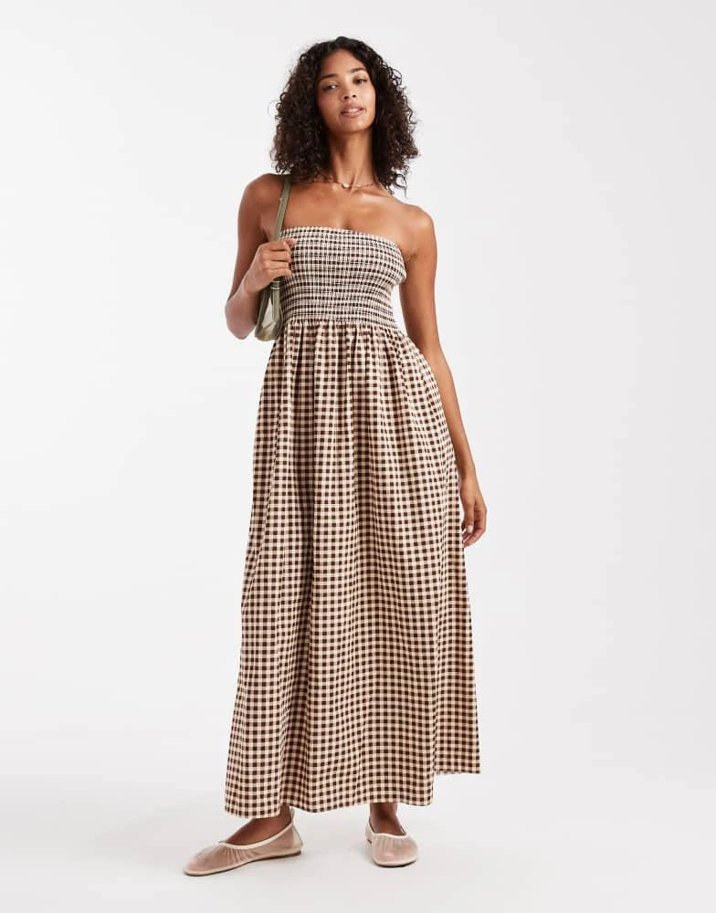 New Look New Look shirred check bandeau midi dress in brown - Dresses &  Skirts - BeyondStyle