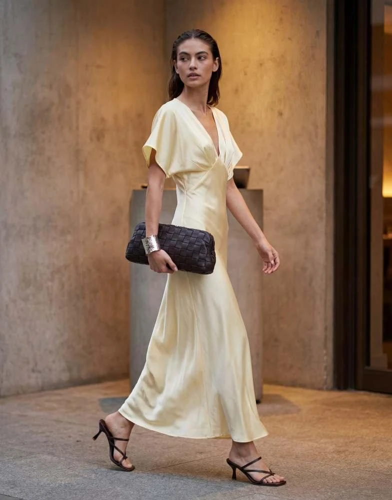 GINA TRICOT Gina Tricot batwing plunge satin maxi dress in butter yellow -  Dresses & Skirts - Free Shipping - BeyondStyle