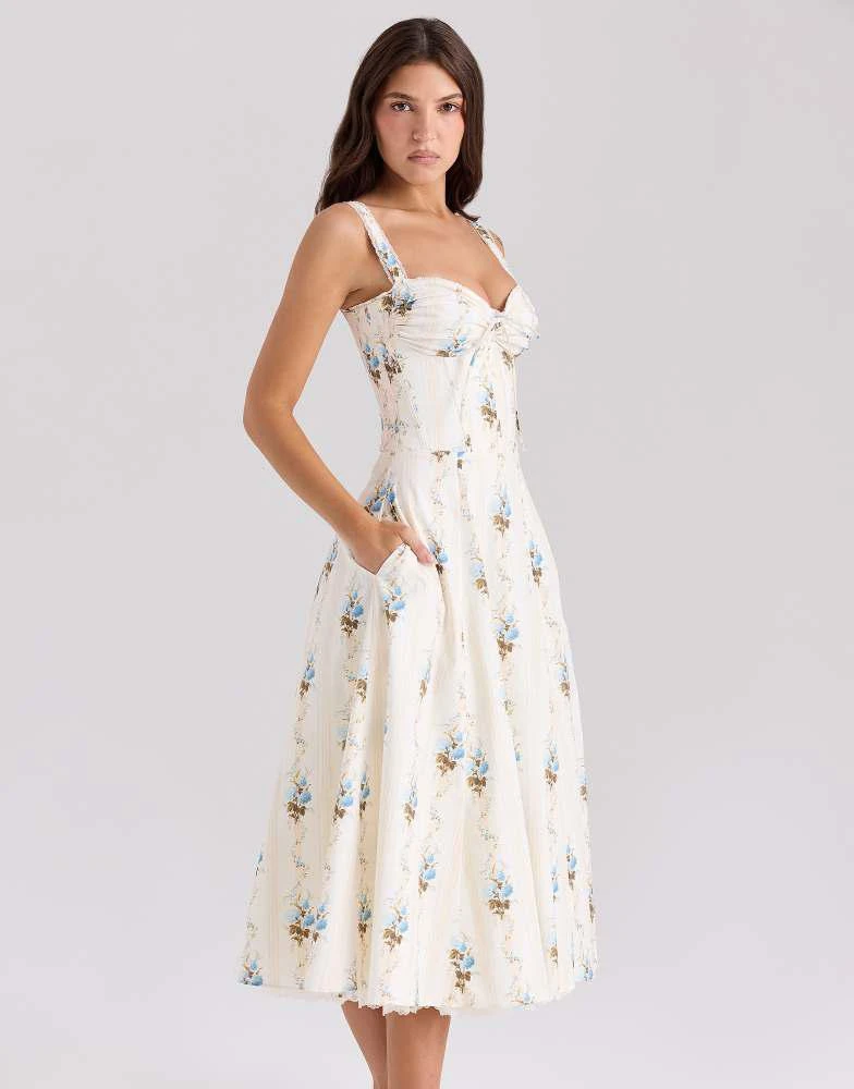 House of CB House of CB Rosalee cotton corset midi dress in cream floral  print - Dresses & Skirts - Free Shipping - BeyondStyle