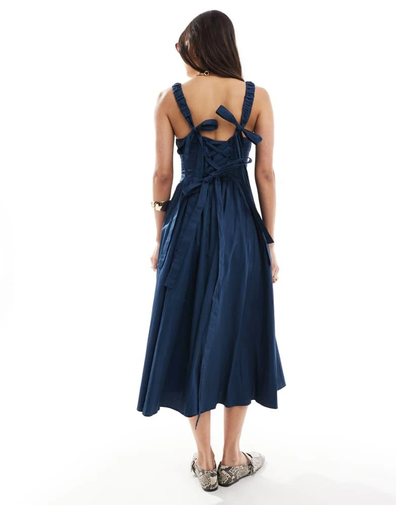 ASOS ASOS DESIGN lace up corset midi dress with full skirt in navy 4