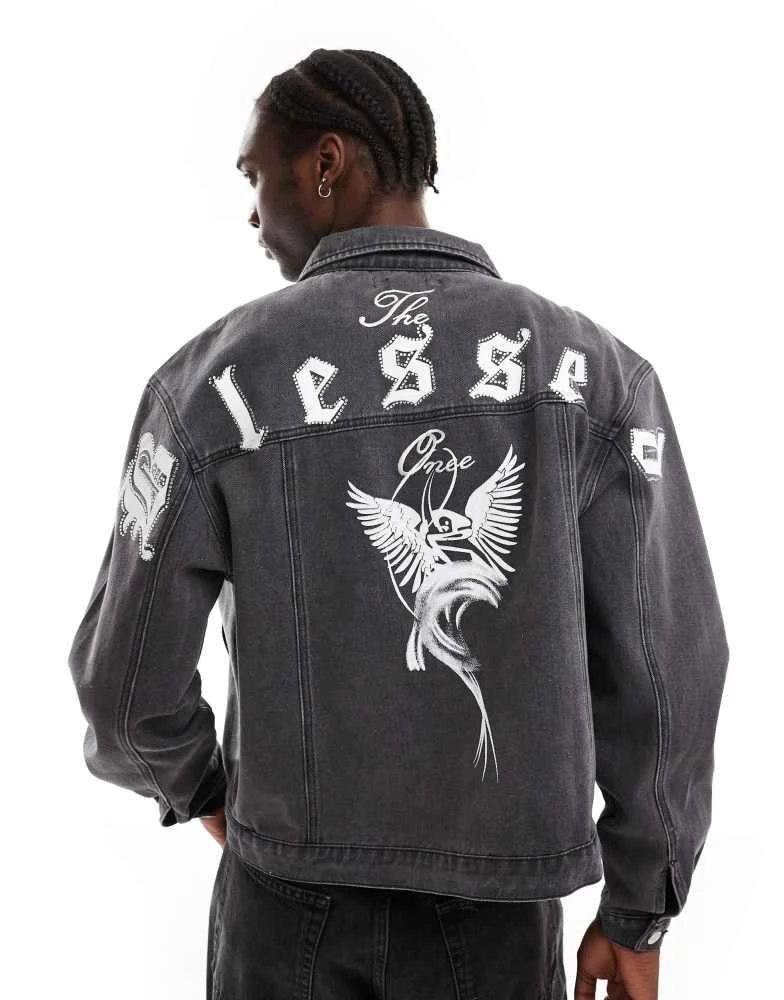 Liquor N Poker Liquor N Poker motif print denim jacket in black 1