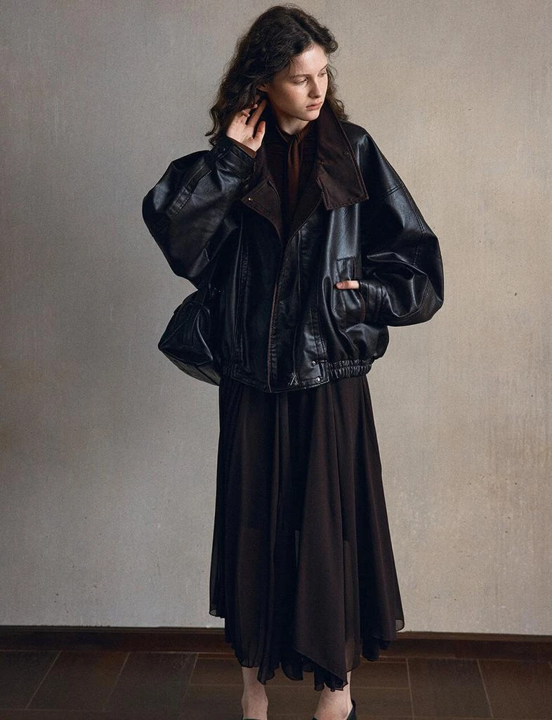 Pixie Market Black Leather Brown Funnel Neck Bomber Jacket-PREORDER 6