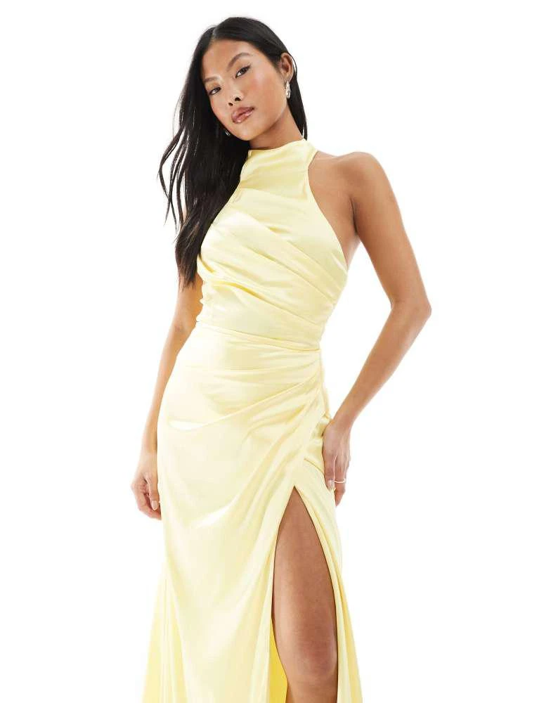 TFNC Petite TFNC Petite Bridesmaid satin high neck maxi dress with bow back in lemon 3