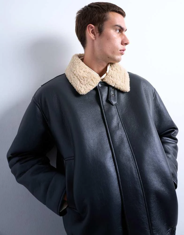 Topman Topman faux leather bomber jacket with shearling collar in black