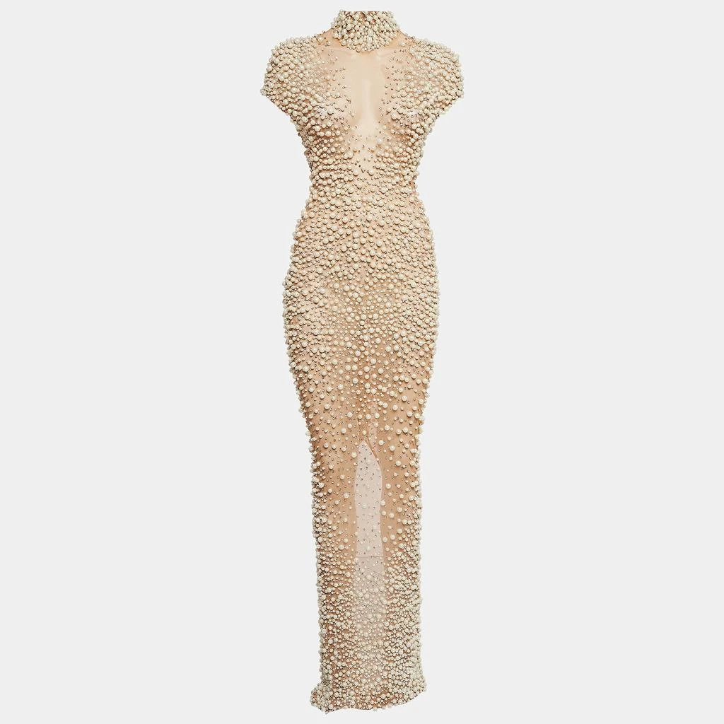 Yousef Al Jasmi Yousef Al Jasmi Cream Pearl Embellished Tulle Sheer Evening Dress S 1