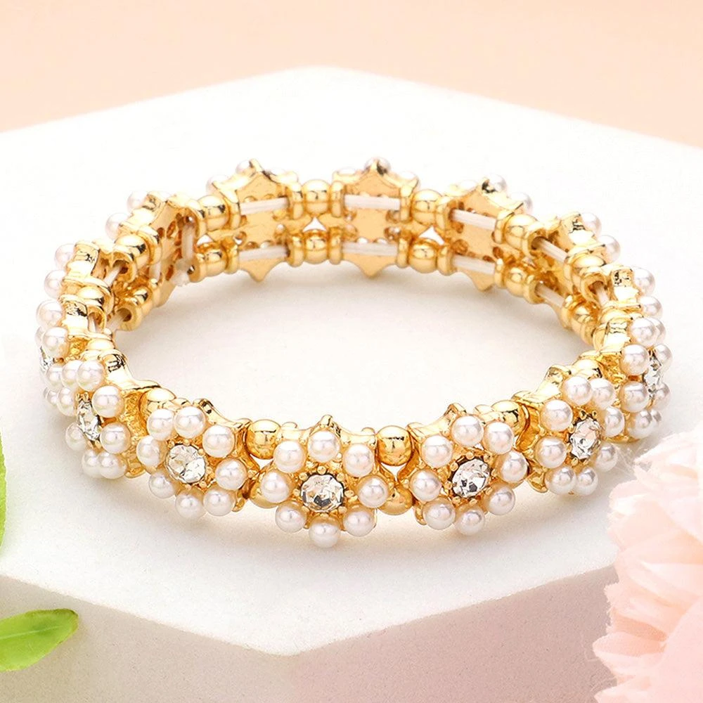 FASHNZFAB Pearl Cluster Flower Stretch Bracelet Cream, Gold