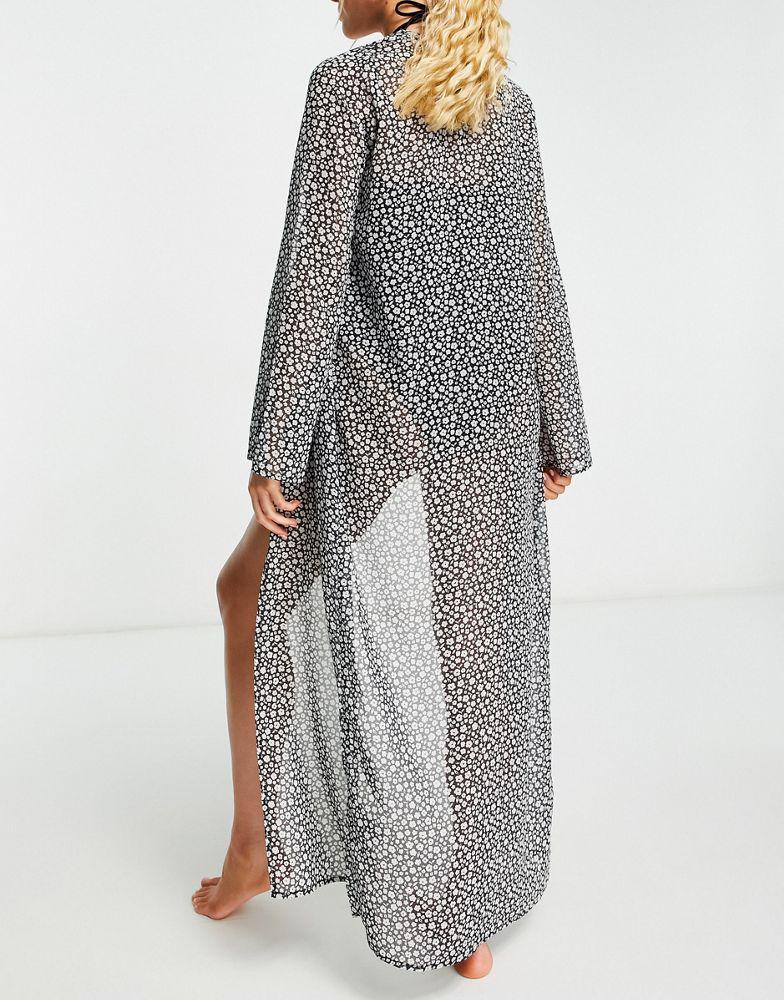 The Frolic The Frolic Ellian beach kimono in black & white floral print