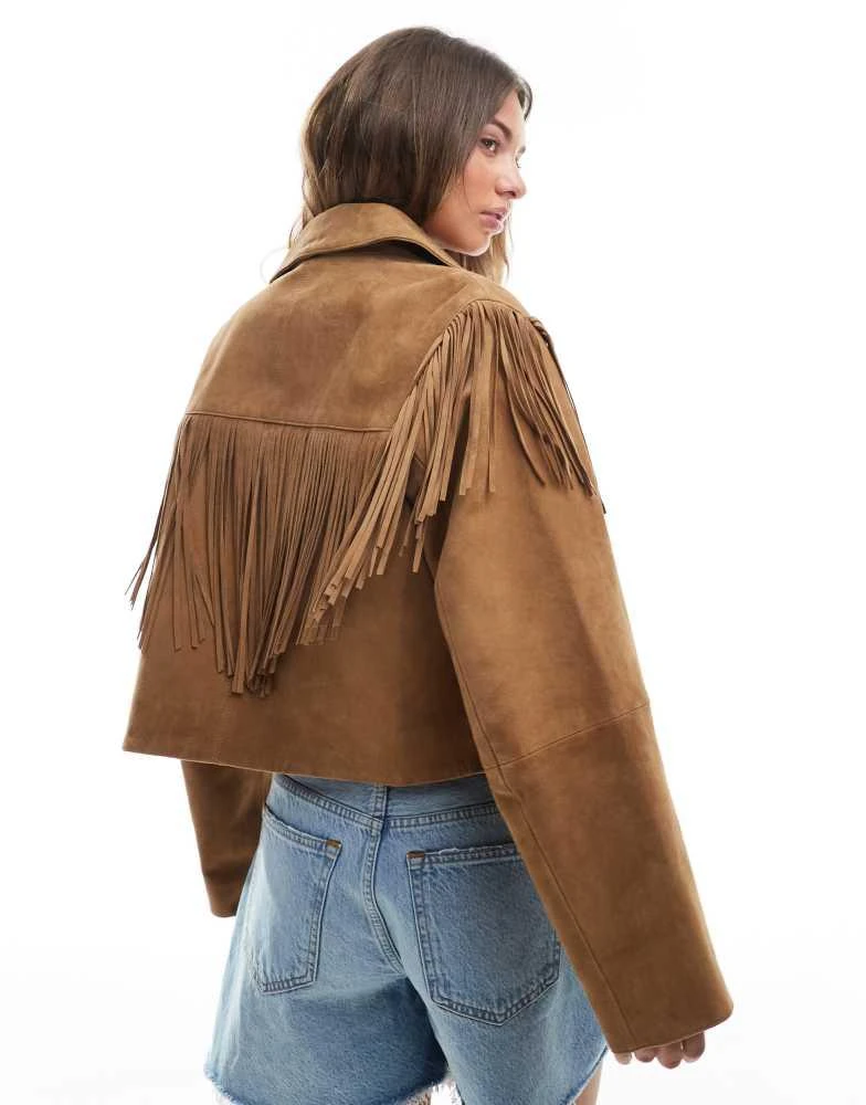 ASOS ASOS DESIGN double breasted real suede fringe jacket in tan 3