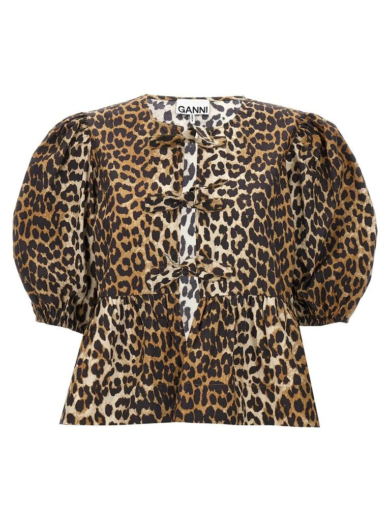 Ganni Ganni Leopard Printed Poplin Peplum Tie Blouse 1