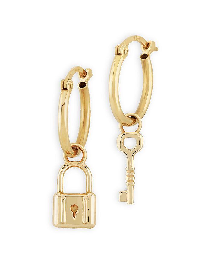 Moon & Meadow Lock & Key Dangle Hoop Earrings in 14K Yellow Gold - Exclusive
