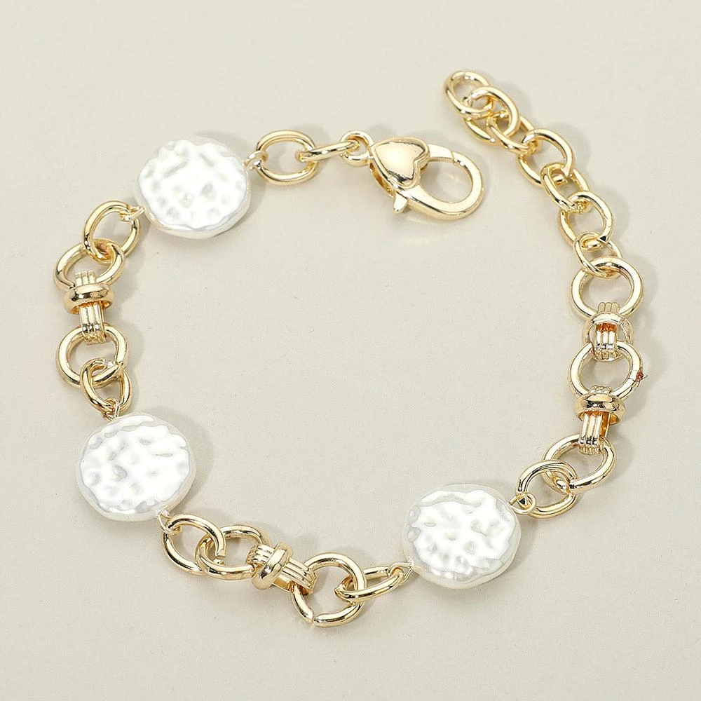 FASHNZFAB 14K Gold Plated Textured Pearl Disc Station Chunky Chain Link Bracelet