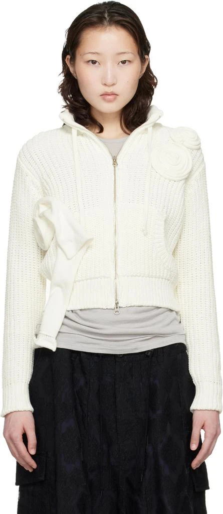 OPEN YY Off-White Applique Knit Zipup Sweater