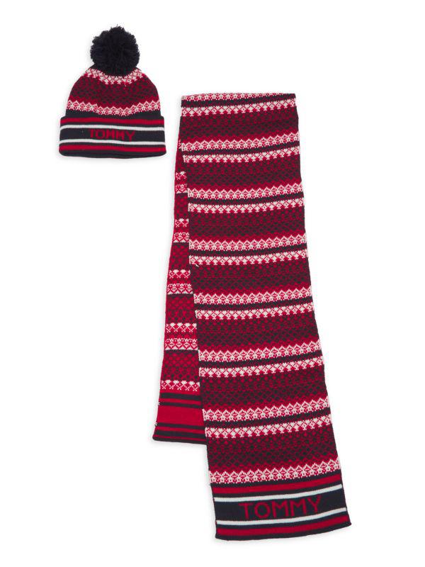 Tommy Hilfiger 2-Piece Logo Fair Isle Beanie & Scarf Set