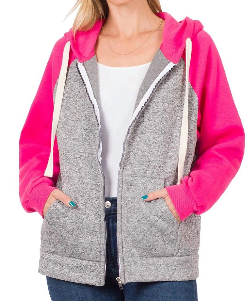 ZENANA Raglan Sleeved Hoodie In Fuchsia 3