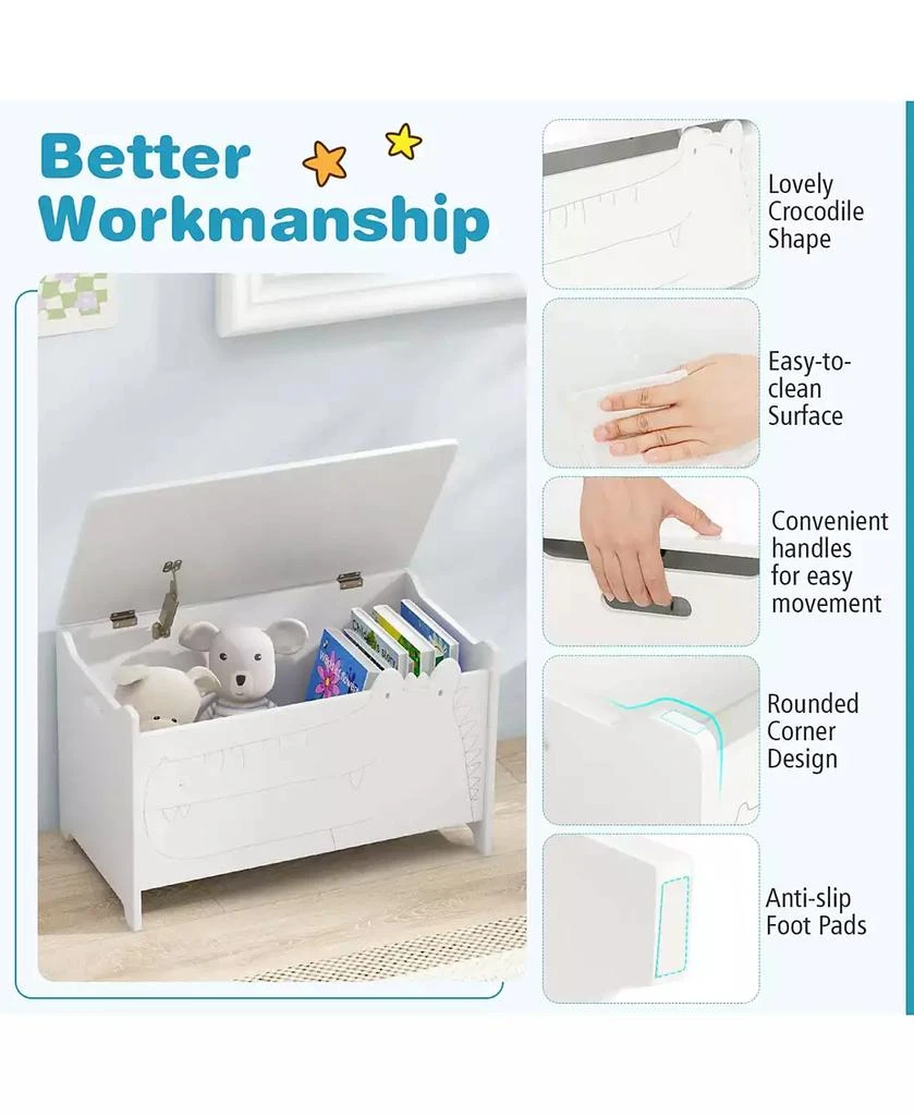 Costway Kids Toy Box with Safety Hinge Wood Storage Chest Flip-Top Storage Organizer 8