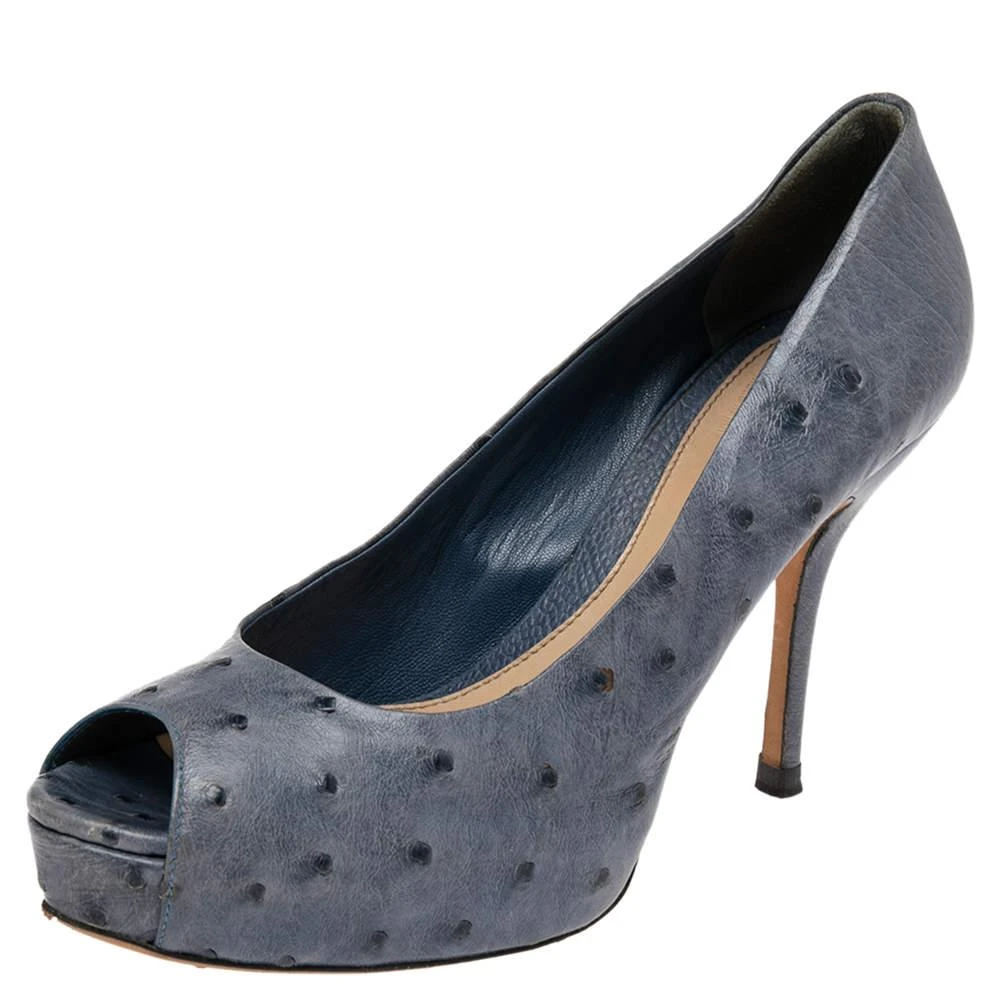 Gucci Gucci Blue Ostrich Leather Peep Toe Platform Pumps Size 38  1