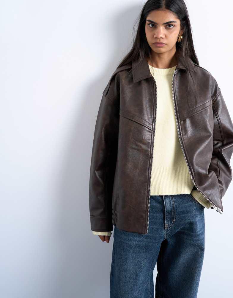 Topshop faux leather vintage wash seam detail zip thru oversized