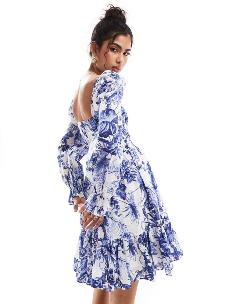 & Other Stories & Other Stories square neck ruche bodice mini dress with volume sleeve and tiered hem in blue floral print 3