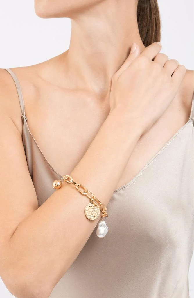 ADORNIA 14K Gold Plate Imitation Pearl 
Coin Chain Bracelet 2