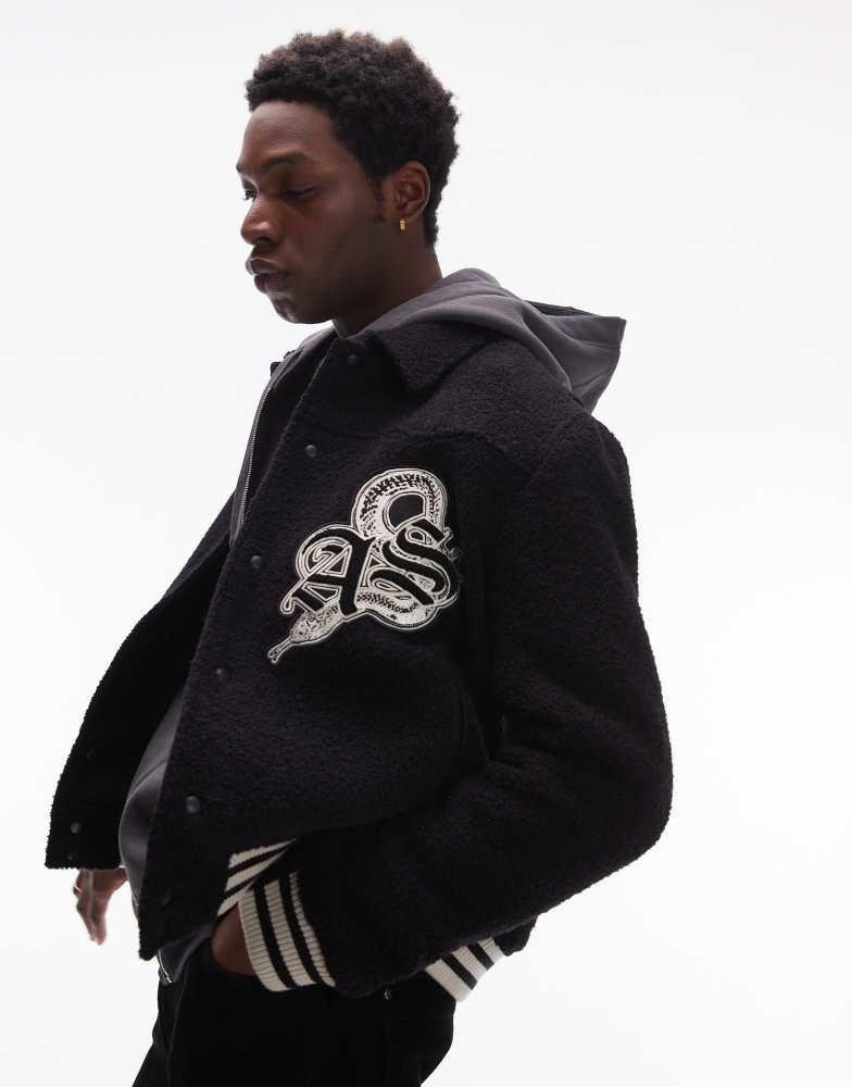 ALL SAINTS AllSaints Ambaum graphic patch bomber jacket in black