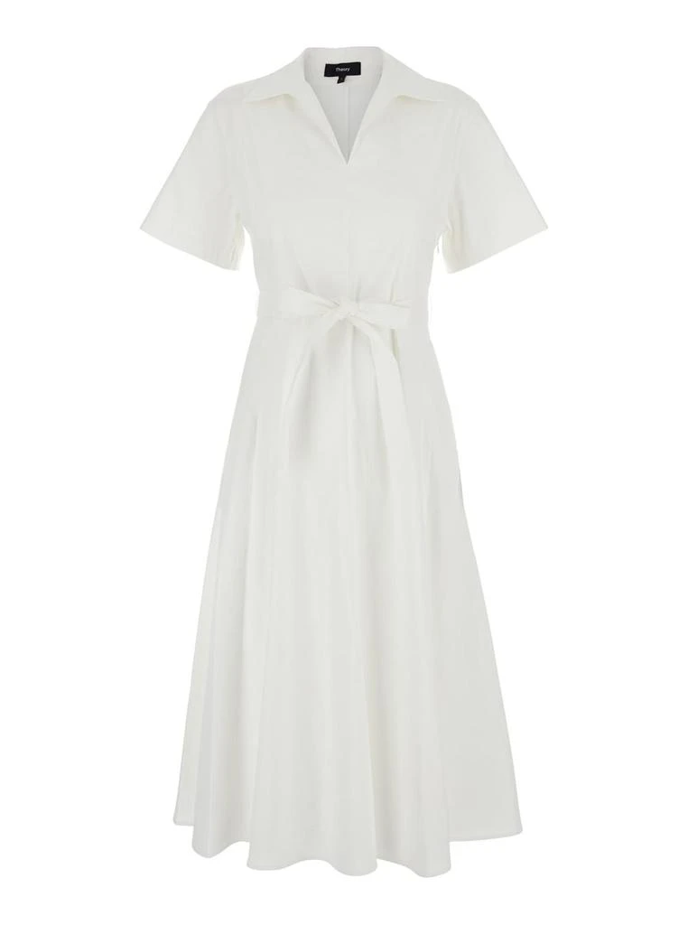 Theory White Dress With French Collar And Removable Waist Belt In Linen Blend Woman 1