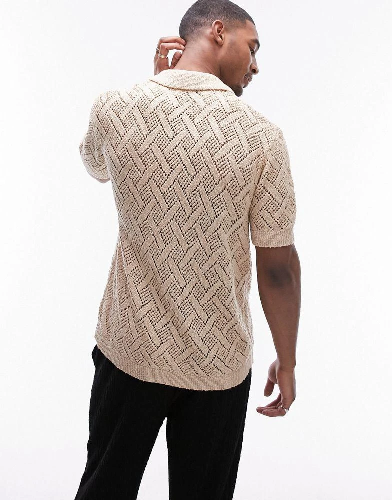 Topman Topman crochet button through shirt in stone 4