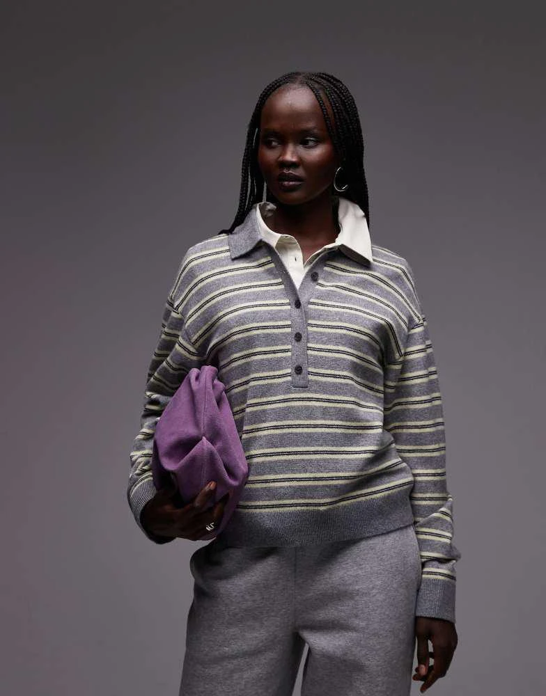 ARKET ARKET long sleeve polo in grey and yellow stripe